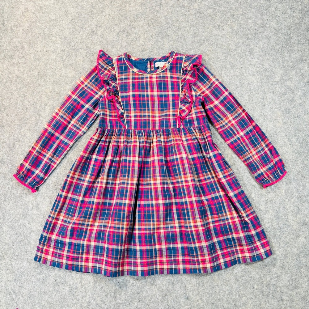 Egg New York Dress Girls 7 Pink Blue Plaid Cotton Ruffle Long Sleeve Holiday